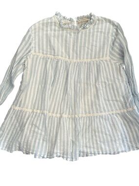 Sezane Pastel Blue & White Gauze Striped Ruffle Neck Cotton Tunic Top Sz 36